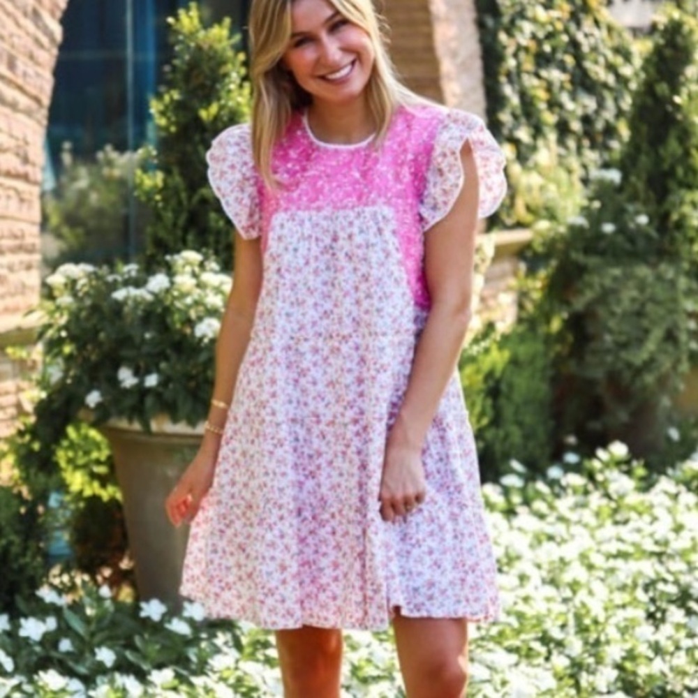 J Marie Rosalee Pink ruffle floral sleeveless embroidered Cottagecore dress